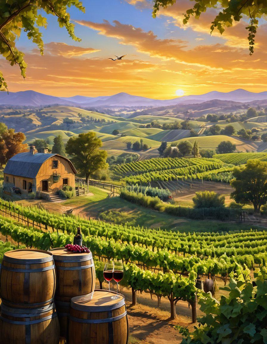 A beautifully crafted vineyard landscape, with lush grapevines intermingling with whimsical wildlife such as deer and birds. Incorporate a rustic winemaking process featuring wooden barrels and artisanal tools, illuminated by soft golden sunlight. In the background, rolling hills and a vibrant sunset sky create a serene atmosphere. Emphasize the harmony between nature and winemaking artistry. super-realistic. vibrant colors. 3D.