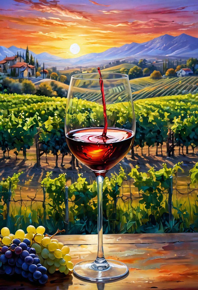 A tranquil vineyard at sunset, with swirling paint brush strokes representing vibrant colors of wine pouring into elegantly shaped glasses. In the backdrop, intertwined vines merge with abstract art patterns, symbolizing the harmony between nature and creativity. Delicate flowers bloom alongside grapes, enhancing the sensual atmosphere of wine culture. Artistic elements blended with natural scenery create a warm and inviting feeling. impressionistic. vibrant colors. 3D.