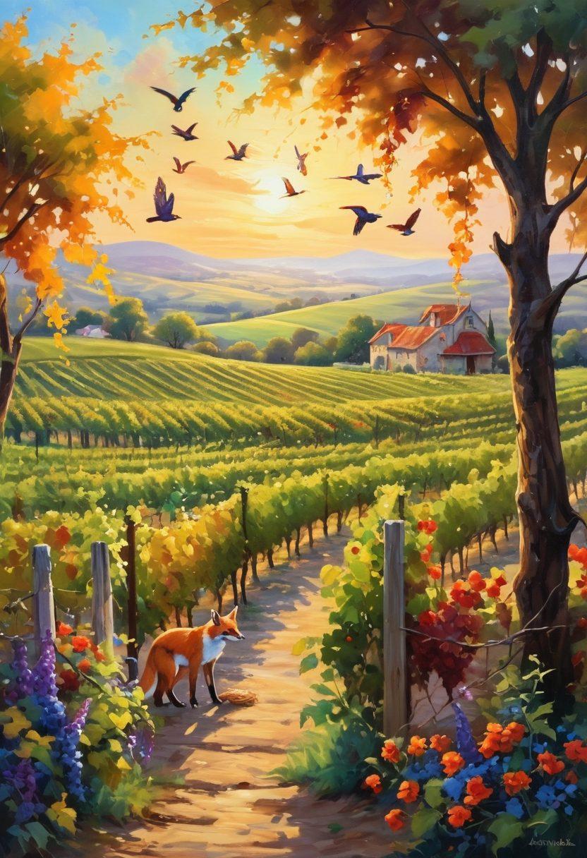 A picturesque vineyard landscape with lush grapevines, blended seamlessly with vibrant wildlife art featuring colorful birds and playful foxes. In the foreground, an artist painting the scene on a canvas, capturing the essence of the blend between wine and wildlife. Soft golden sunlight illuminating the setting adds warmth to the atmosphere. whimsical and impressionistic style. vibrant colors.